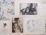 many drawings on the wall of this room