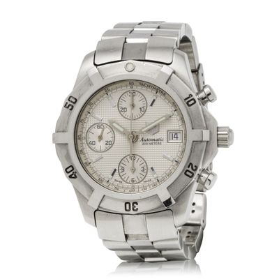 an image of a stainless steel wrist watch with a white dial