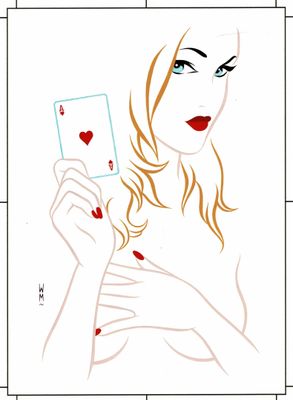 un dessin représentant une femme tenant une carte à jouer dans la main