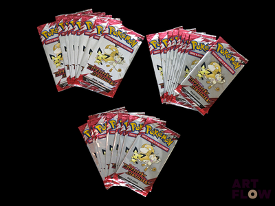six packs of pokemon trading cards on a black background