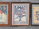 three framed paintings of women in traditional japanese art hang on a wall