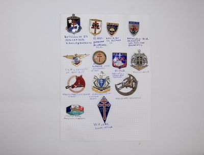 some of the badges are on a piece of paper on the wall
