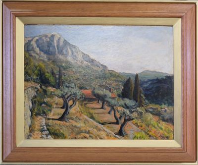 an oil painting of a landscape with a mountain in the background