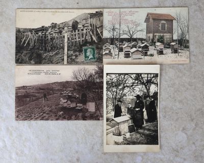 trois photos en noir et blanc d'un cimetière et d'un bâtiment