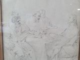 framed drawing of a group of people sitting at a table