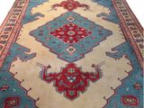 an oriental rug with a blue and red design on it