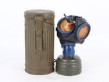a gas mask and a trash can on a white background