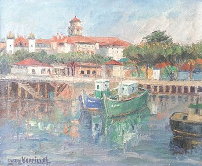 une peinture d'un bateau dans l'eau près d'un bâtiment