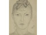 drawing of a woman ' s face with a bun on her head