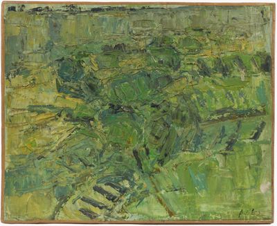 an image of a painting of a green field with trees in the background