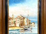 tableau représentant un bateau dans un port, avec un bâtiment en arrière-plan