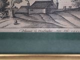 an old drawing of a farm with a house in the background
