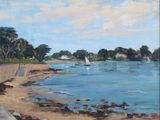 an oil painting of a sailboat on a beach next to a body of water