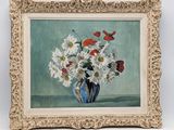 une peinture de fleurs dans un vase sur une table