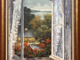 une peinture à l'huile représentant une fenêtre avec vue sur un lac