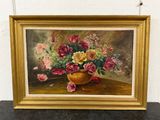 an oil painting of a vase of flowers on a table