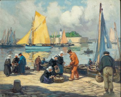 a painting of a group of people on the beach
