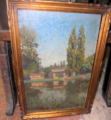 an oil painting of a river scene with a bridge in the foreground
