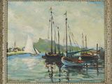 une peinture à l'huile représentant des bateaux dans un port par une journée ensoleillée