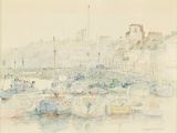 a painting of boats in a harbor with a castle in the background