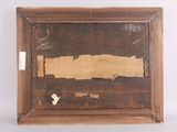 an old picture of a piece of wood with a torn piece of paper on it