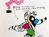 tableau représentant une personne vêtue d'une tenue colorée sur laquelle est perché un oiseau