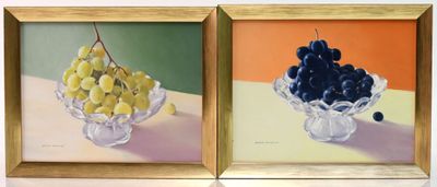 two paintings of grapes and grapes in a glass bowl on a table
