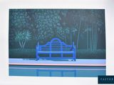 un tableau représentant un banc bleu au bord d'une piscine