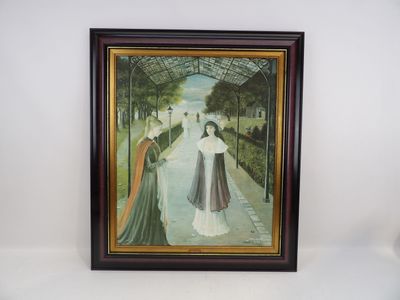 tableau encadré représentant une femme en robe blanche et un homme en robe noire