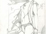 pencil drawing of a woman in a bathing suit with a bird in the background