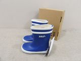 a pair of blue rain boots with a tag on them