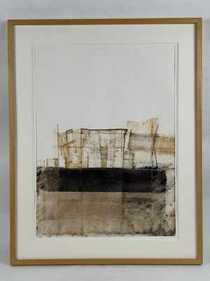 a painting of a boat in a body of water next to a wall