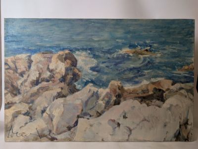 une peinture représentant des rochers au bord de l'océan