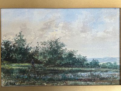 une peinture à l'huile représentant un lac avec des arbres en arrière-plan