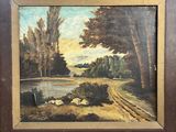 une peinture à l'huile représentant un paysage avec une rivière et des arbres