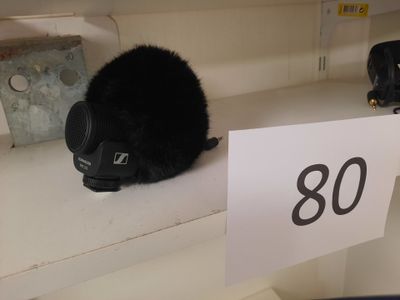 un chat noir assis sur une étagère blanche, à côté d'un panneau portant le chiffre 80