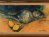 painting of a fish on a table with a piece of bread