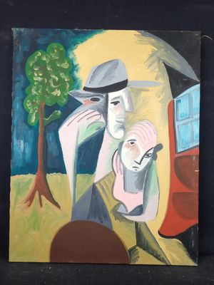 un tableau représentant un homme et une femme dans la rue