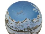 a blue bowl with a picture of a snow covered mountain