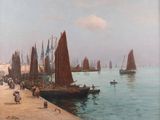 un tableau représentant un port avec des bateaux et des gens qui se promènent sur le rivage