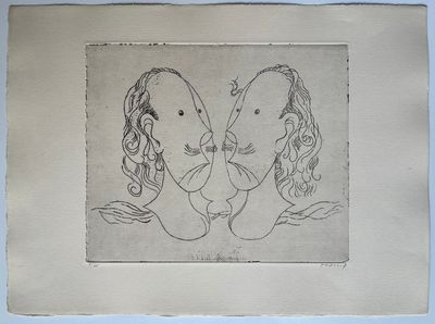 drawing of two women facing each other in front of a blue background