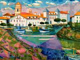 painting of a painting of a village with boats in the water