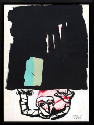 an image of a black and white painting with red and green paint