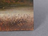 an oil painting of a landscape with a river and trees in the background