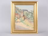 an oil painting of a house on a hill with trees in the foreground