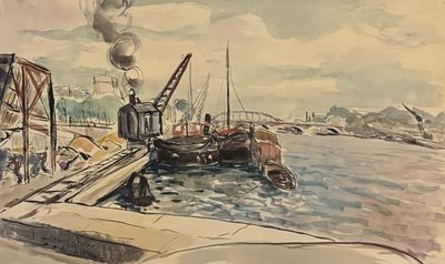 une aquarelle représentant un bateau amarré à un quai
