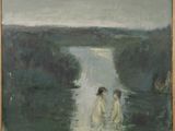 a painting of two women sitting in a body of water