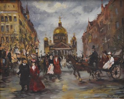 un tableau représentant une scène de rue avec des personnages et une calèche