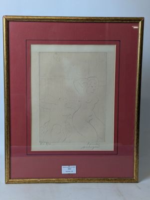 framed drawing of a man sitting on a bench in a red frame