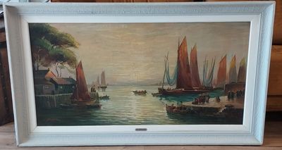 a picture of a painting of boats on the water